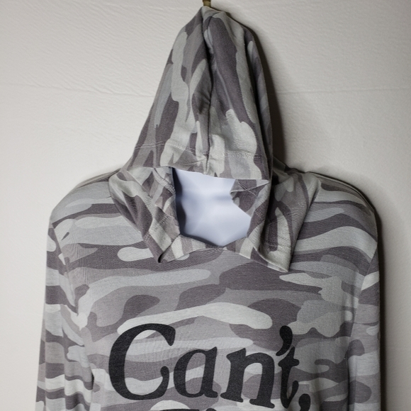 Torrid Top "Can't I'm Busy" Gray Camo Size 0 Large 12 Long Sleeve Hoodie Tee NWT - Picture 8 of 16